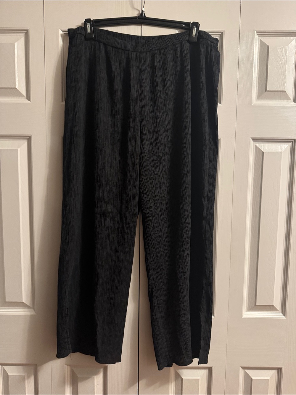 Eileen Fisher Woven Plissé Black Wide-Leg Pull-On Pants, XL